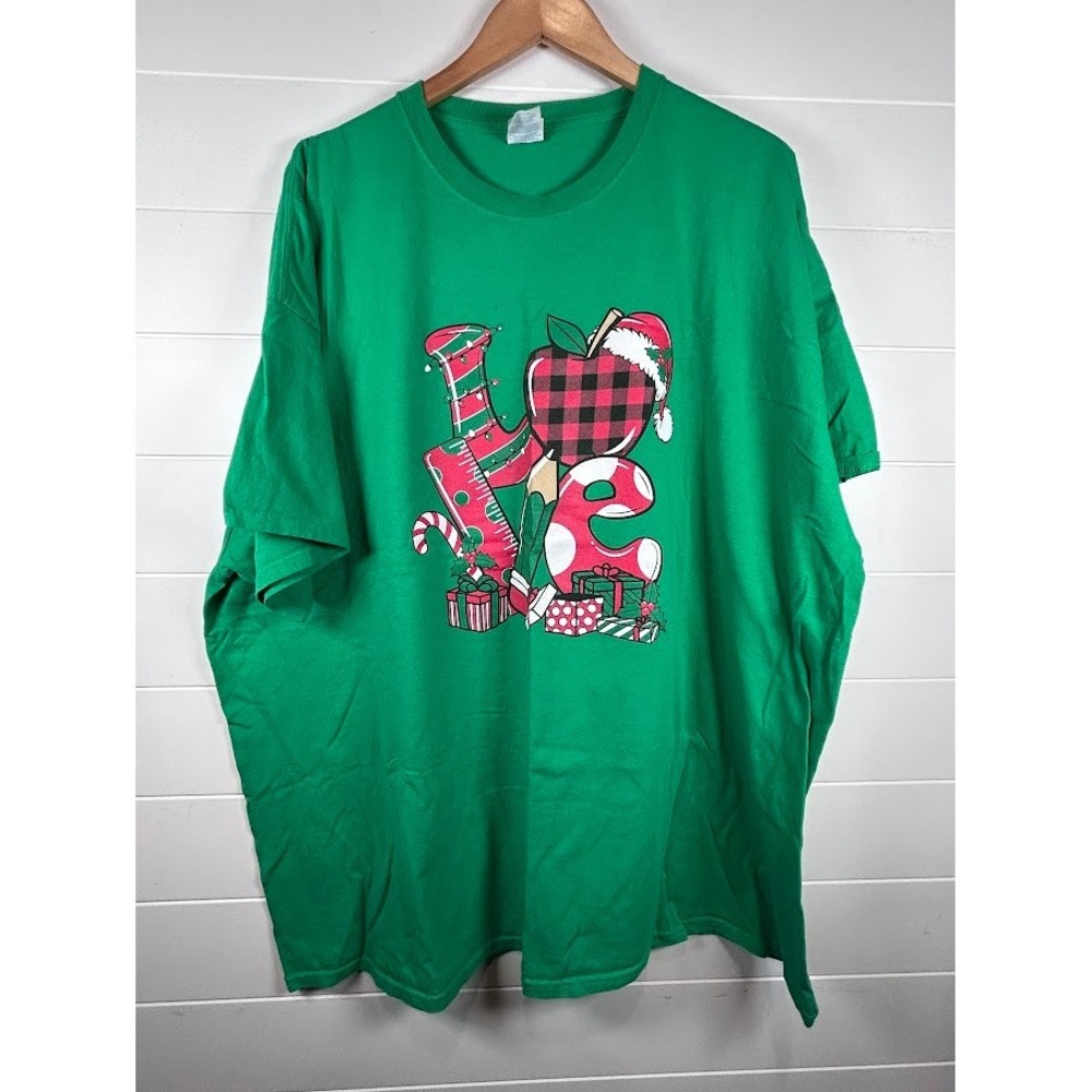 Port & Company Green Teacher Apple "LOVE" Christmas Graphic T Shirt 4XL